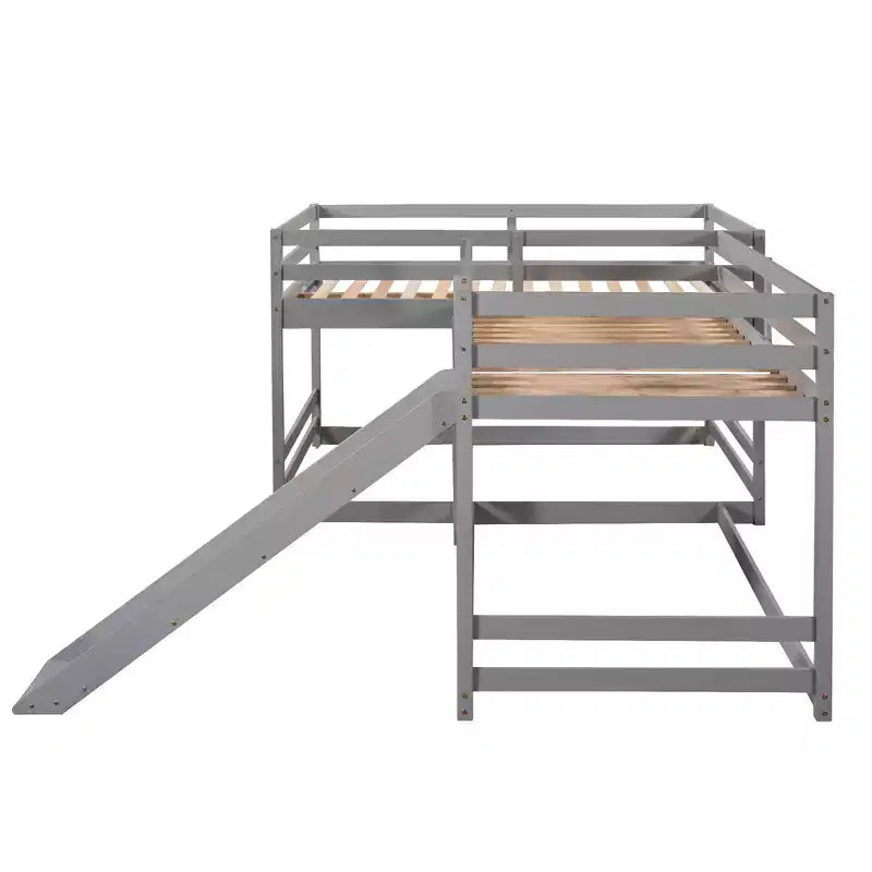 Lit superposé en L pour 4 enfants, lit superposé quadruple avec toboggan, structure en bois avec couchage double et simple pour chambre ou dortoir