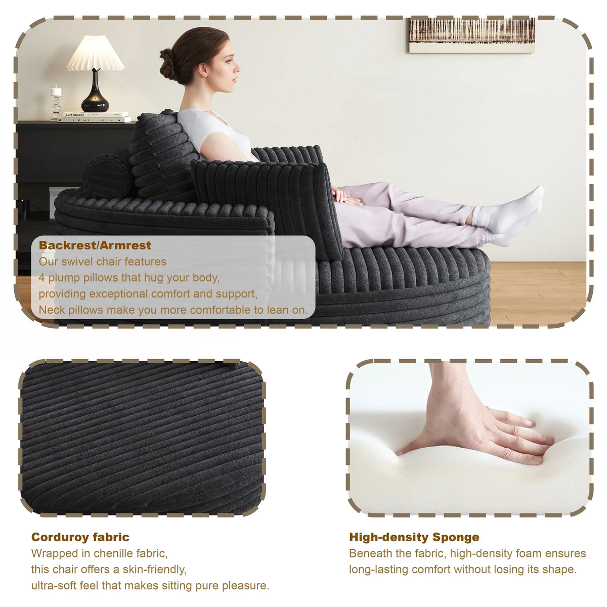Fauteuil pivotant individuel en mousse et chenille côtelée