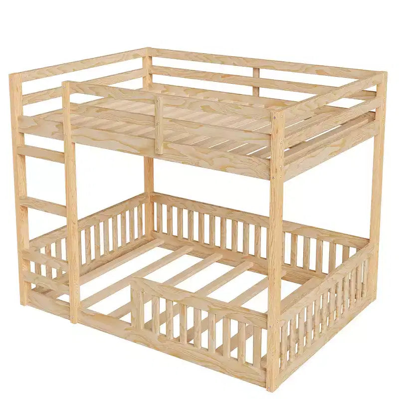Letto a castello in legno matrimoniale sopra matrimoniale con scala e sponde di sicurezza, letto a castello matrimoniale basso con rete a doghe