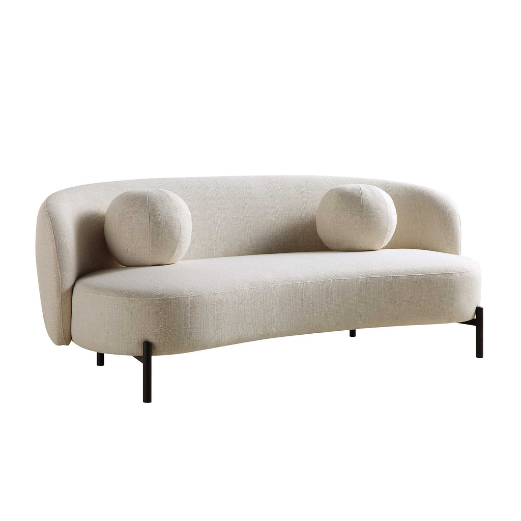 Divano curvo a 3 posti con cuscini sferici, misto lino beige