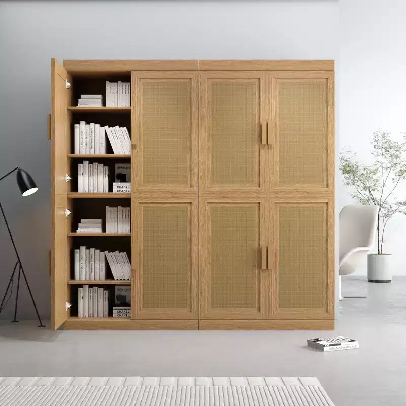 Armoire décorative haute de 62 po à porte en cannage noir, effet grain de bois, avec 12 étagères