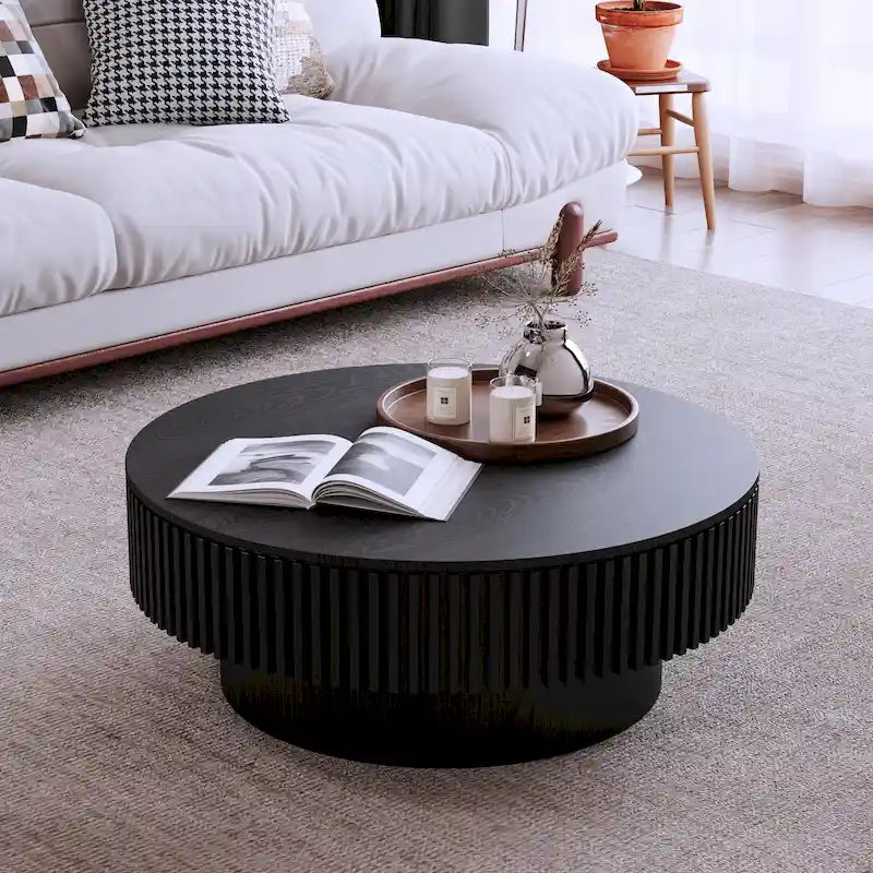 Tavolino rotondo moderno in legno massello impiallacciato con contenitore, da caffè o da tè