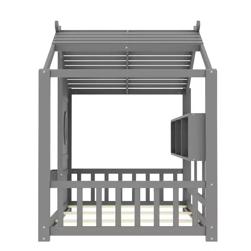 Cadre de lit plateforme en forme de maison, format une place et demie/double, lit cabane au sol pour tout-petit, lit Montessori pour enfant, lit maison de jeu avec étagère de rangement – ModernLuxe