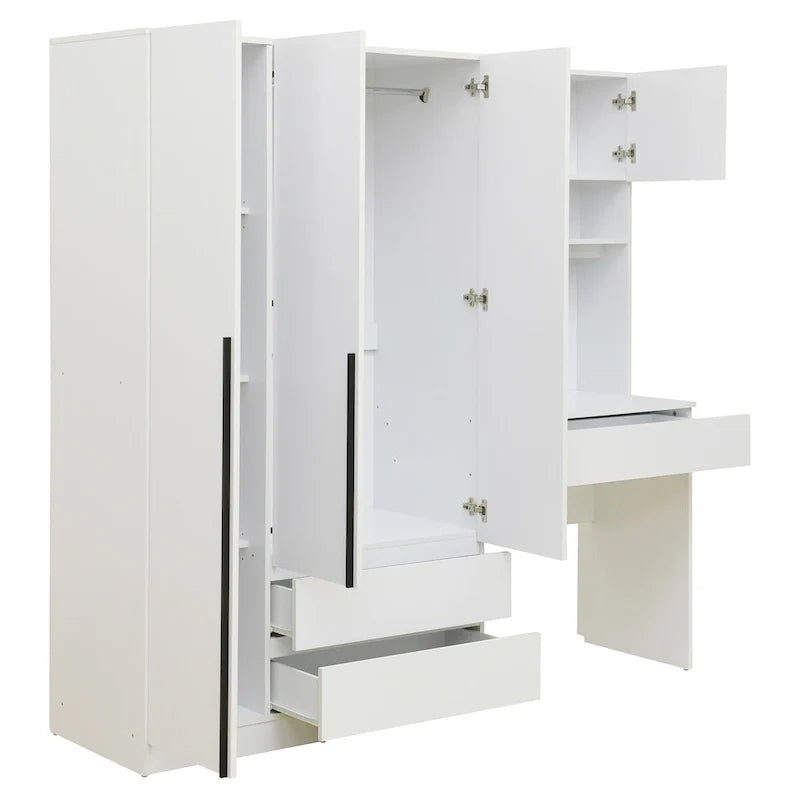 Armoire 3-en-1 avec coiffeuse, ensemble bureau, armoire de chambre avec 2 tiroirs, 3 portes et espace de rangement