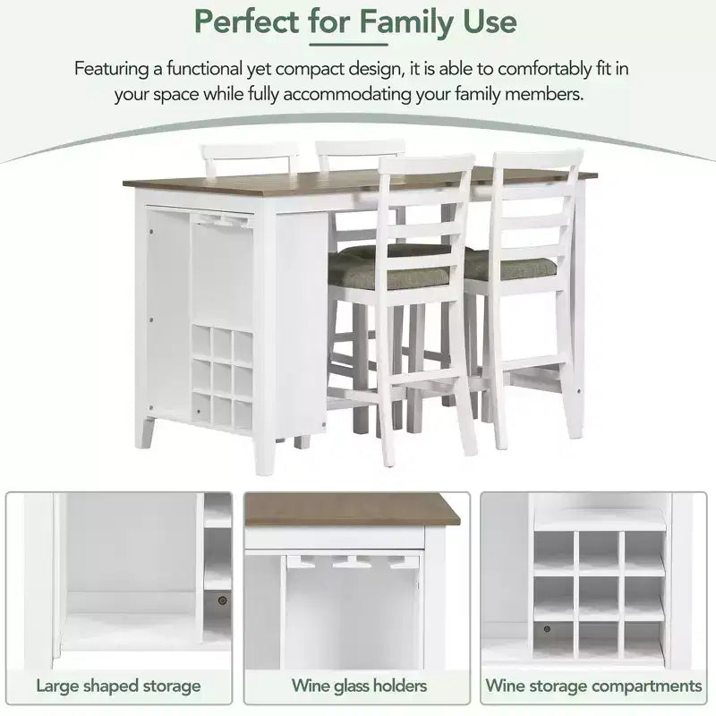 Set da pranzo in stile rustico composto da 5 pezzi, altezza bancone, con sedie per 4 persone, tavolo rettangolare in legno con ripiani contenitori e scomparto portabottiglie
