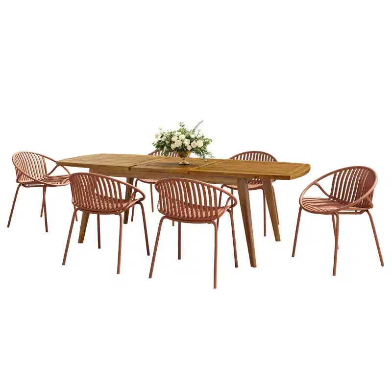 Ensemble de salle à manger de patio extérieur extensible de 7 pièces avec chaises empilables et table en bois d’acacia