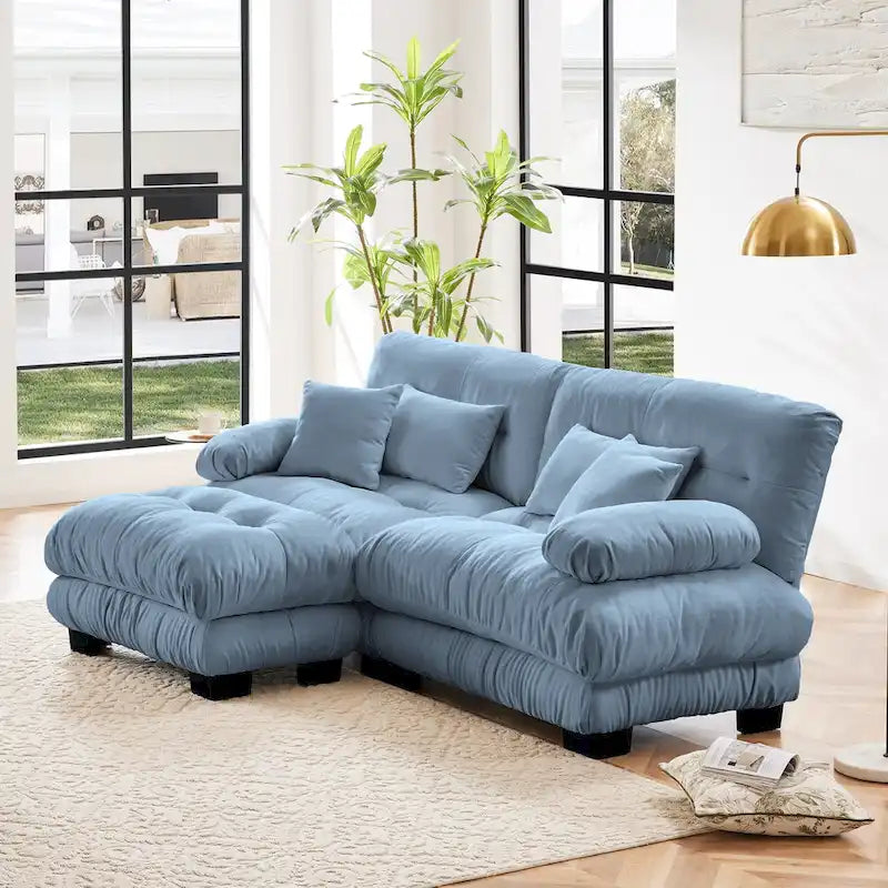 Canapé deux places modulable en L en chenille avec coussins lombaires