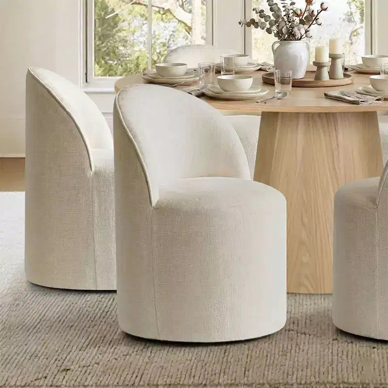 Ensemble de table à manger moderne pour 6 personnes, table ronde à piètement central, fauteuils tonneau pivotants à roulettes, chenille texturée - Panipeachy