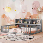 Letto a pavimento Montessori Twin/Full con libreria, ripiani contenitore e sponde di sicurezza, bianco/grigio