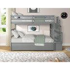 Letto a castello singolo su singolo con letto estraibile singolo e vano portaoggetti integrato nella scala, colore grigio