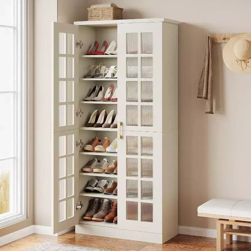 Meuble à chaussures haut Lantine avec portes, rangement à chaussures à 8 niveaux avec étagères réglables, meuble à chaussures moderne pour entrée, placard ou salon, blanc
