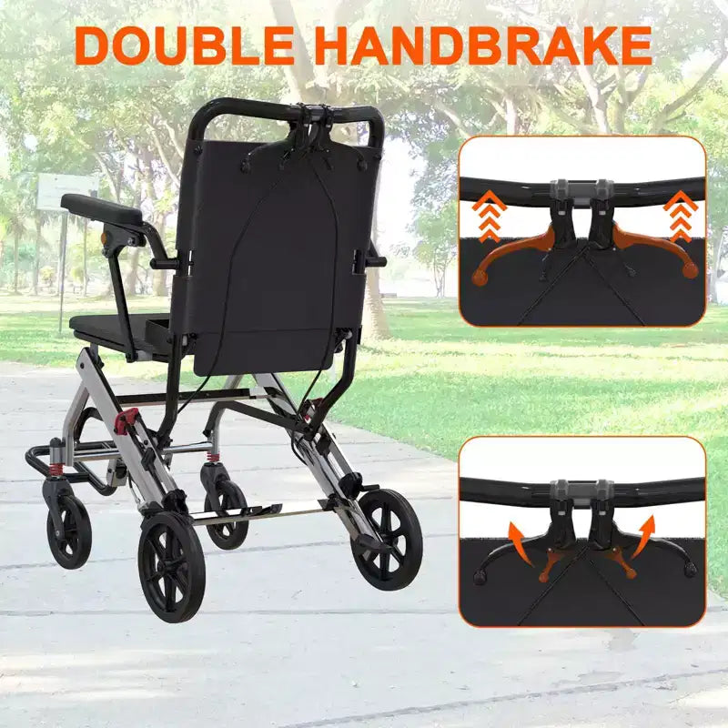 Fauteuil roulant de transport pour personnes âgées ultraléger, pliable et portable, avec frein à main verrouillable et accoudoirs relevables amovibles