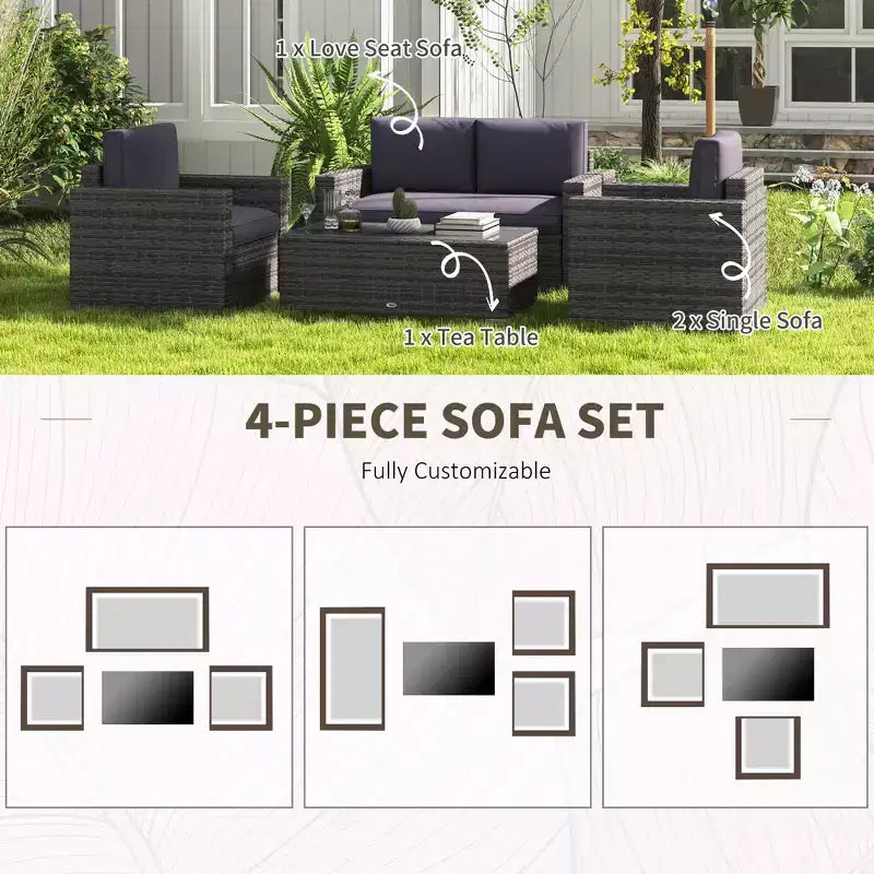 Set da giardino in rattan da 4 pezzi, set da patio in vimini con divanetto, sedie e tavolino da caffè con piano in vetro