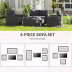 Set da giardino in rattan da 4 pezzi, set da patio in vimini con divanetto, sedie e tavolino da caffè con piano in vetro