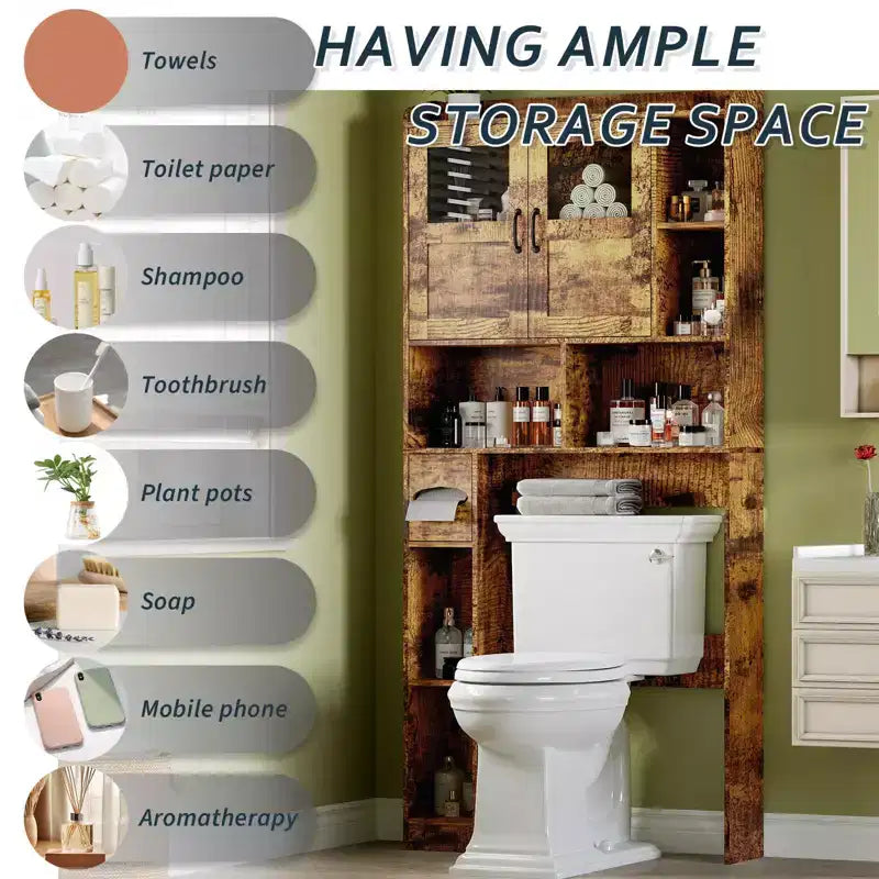 Mobile contenitore sopra il WC - 67,4 pollici di altezza, organizzatore e contenitore da bagno in stile rustico con ripiano regolabile e anta in vetro per bagno e lavanderia