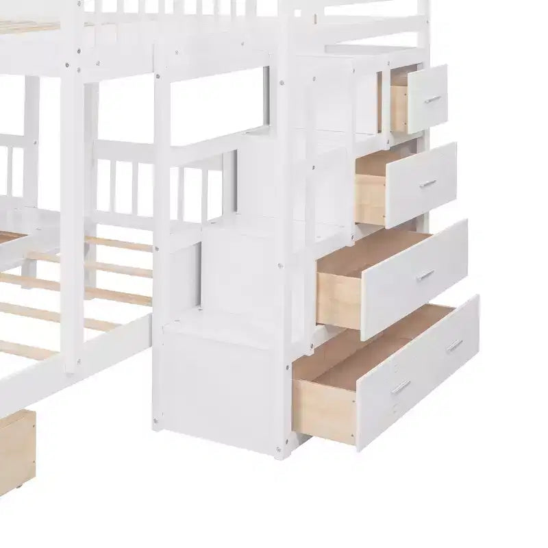 Lit superposé Whisen avec lit double au-dessus de deux lits une place, lit superposé triple en bois avec tiroirs et barrières de sécurité