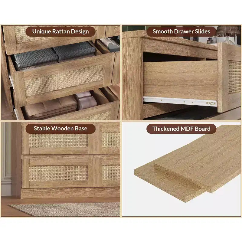 Cassettiera in rattan per camera da letto con 6 cassetti, cassettiera larga moderna in stile rustico da 47 pollici, mobile contenitore in legno per organizzare armadio, soggiorno e corridoio