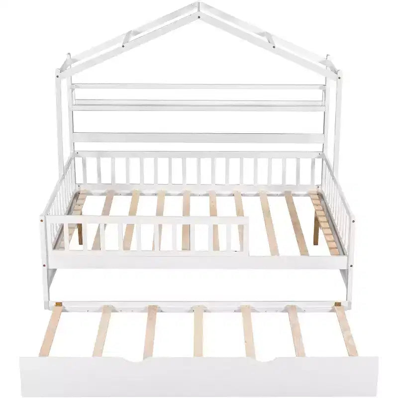 Struttura letto a casetta Acekool matrimoniale con letto estraibile singolo, cassetti contenitore e ripiani, tetto e recinzione, letto a piattaforma per bambini, bianco