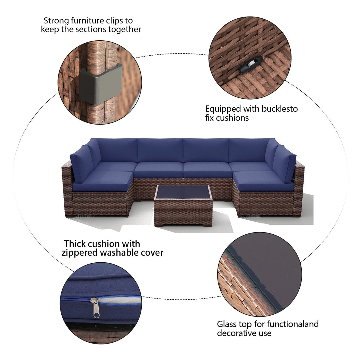 Ensemble de canapé modulaire d’extérieur rembourré en osier et acier, 7 pièces