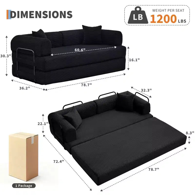 Canapé-lit convertible 4-en-1, matelas de sol pliant en velours côtelé sans cadre de 79 pouces avec oreiller, causeuse sans assemblage pour petit appartement
