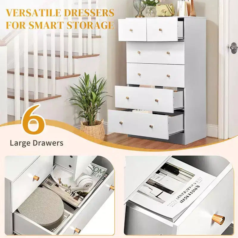 Karl Home Cassettiera grande a 6 cassetti per camera da letto e cassettiera con struttura robusta, organizzatore contenitore in legno per guardaroba, bianca
