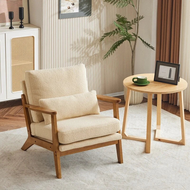 Poltrona d’accento imbottita in misto lino con gambe in legno e un cuscino, beige