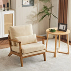 Poltrona d’accento imbottita in misto lino con gambe in legno e un cuscino, beige