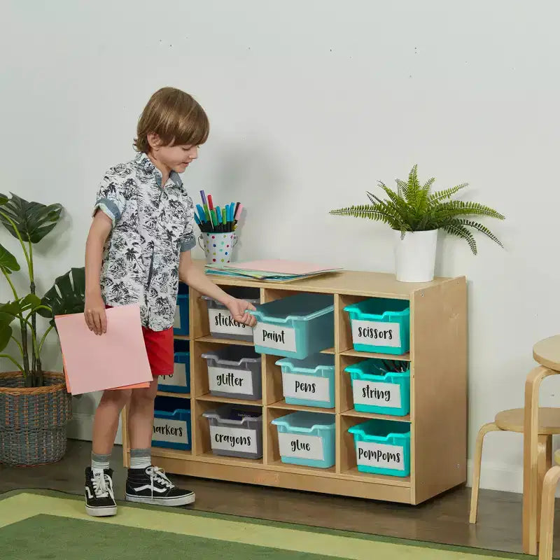 Mobiletto mobile con vassoi e 15 contenitori frontali a vaschetta, 3x4, arredo per bambini