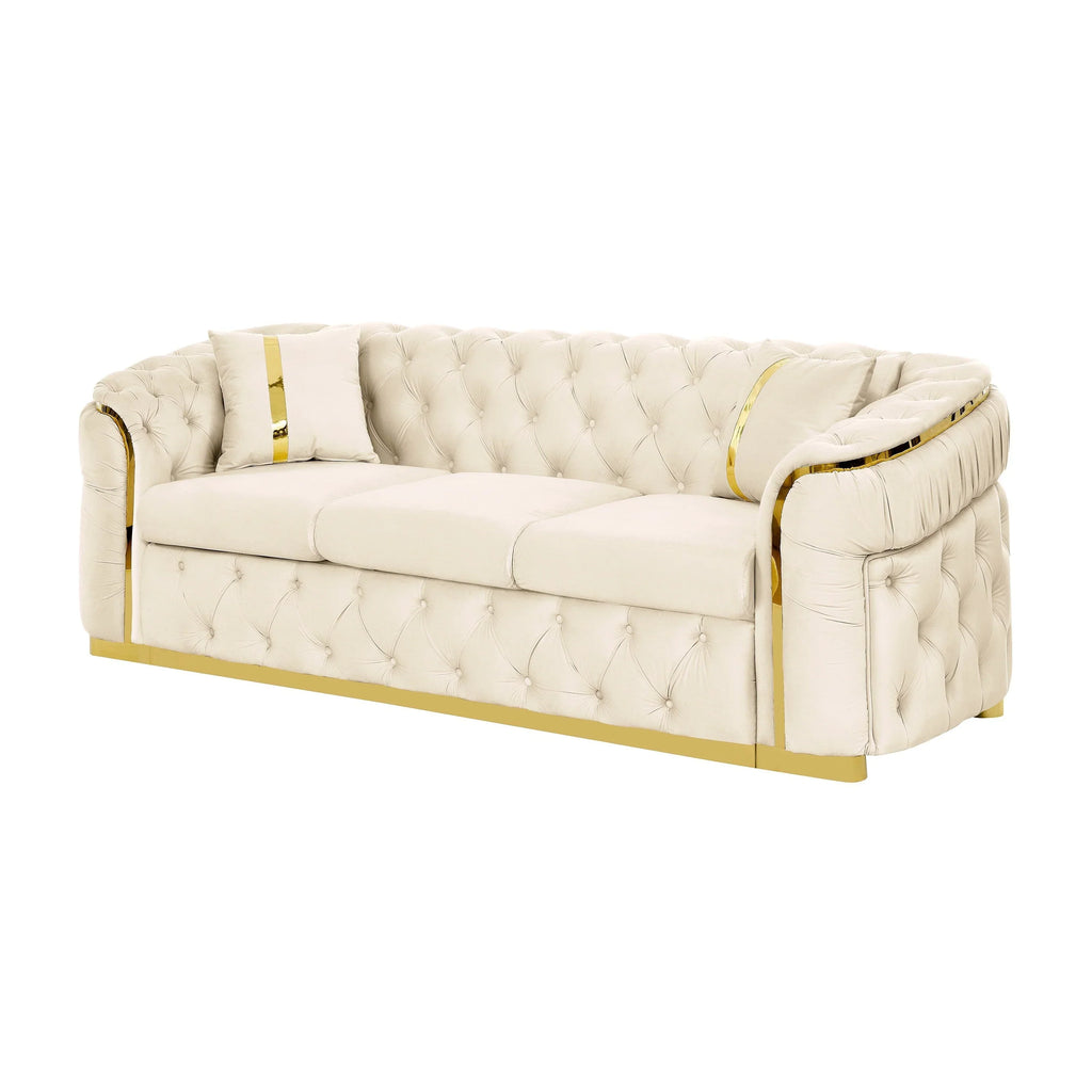 Canapé 3 places en velours de 90,6 avec 2 coussins, coussins haute densité, accents dorés et oreillers
