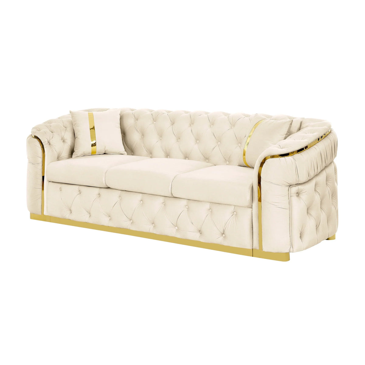 Canapé 3 places en velours de 90,6 avec 2 coussins, coussins haute densité, accents dorés et oreillers