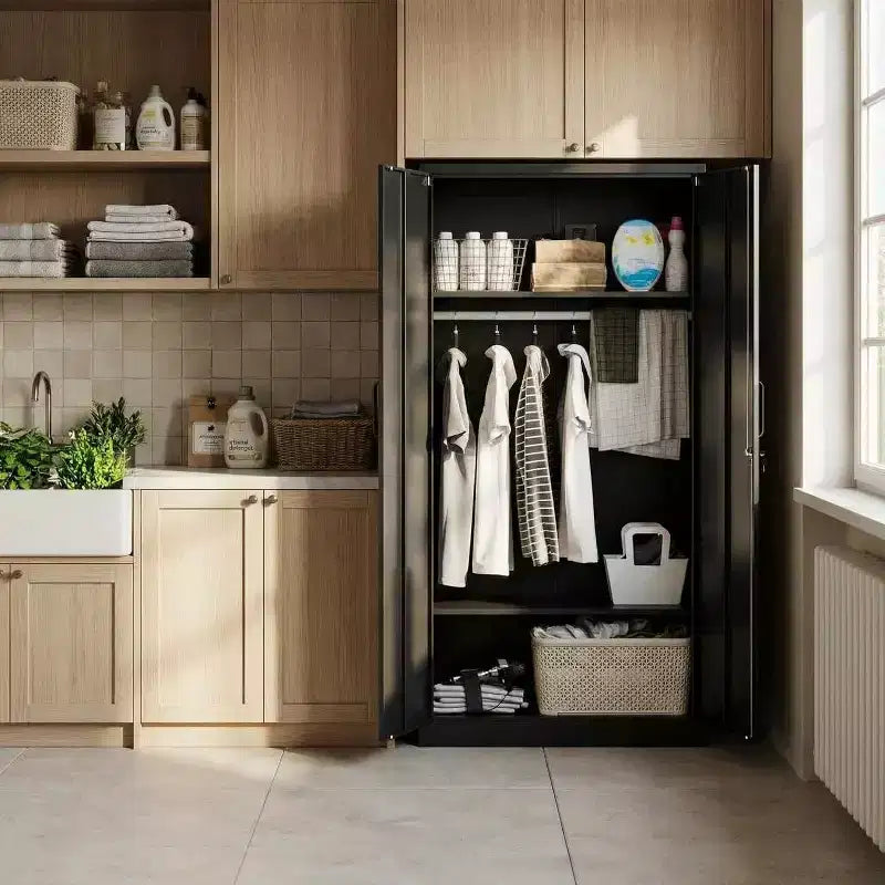 Armoire de 72 po avec serrure, armoires de rangement de garage en métal noir avec étagères réglables et tringle, meuble de rangement en métal pour la maison ou la chambre