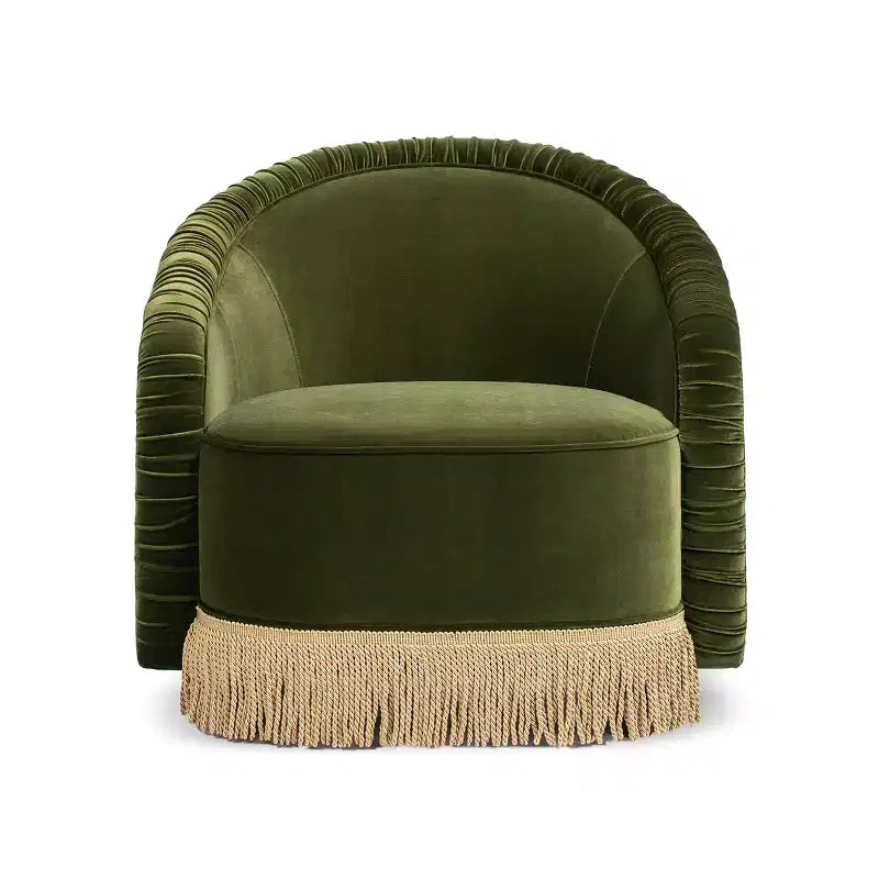 Fauteuil d’appoint Serena de Jennifer Taylor Home, dossier arrondi capitonné de 31,5 po avec franges bullion, velours haute performance vert olive