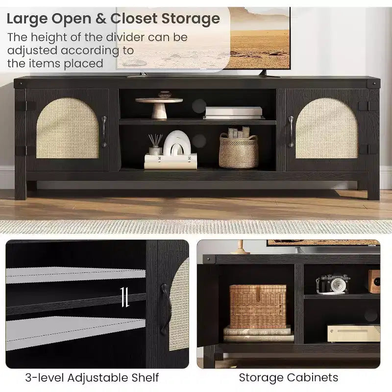 Meuble TV de style bohème de 65 pouces avec porte en rotin – meuble de divertissement en bois avec deux armoires et des étagères réglables, idéal pour les salons