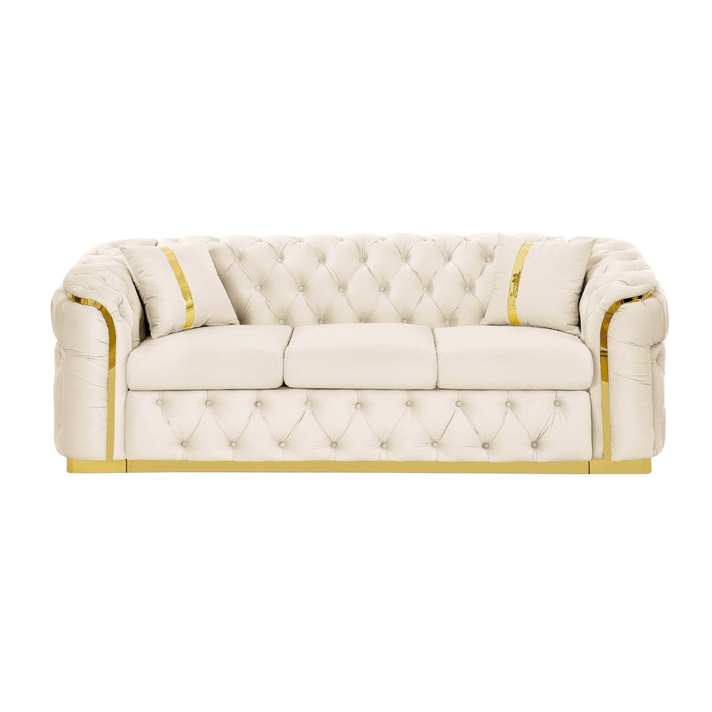 Canapé 3 places en velours de 90,6 avec 2 coussins, coussins haute densité, accents dorés et oreillers