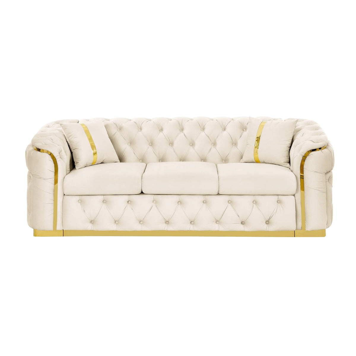Canapé 3 places en velours de 90,6 avec 2 coussins, coussins haute densité, accents dorés et oreillers