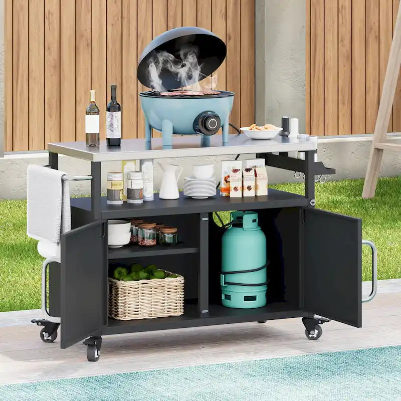 Îlot de cuisine extérieur avec plateau en acier inoxydable, chariot de gril en métal avec meuble de rangement - N/A