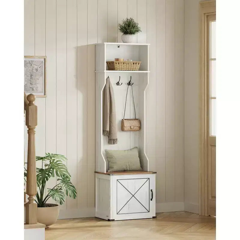 Pannello appendiabiti con panca e contenitore per scarpe, appendiabiti con panca portascarpe, mobile per ingresso, 3 ganci tripli, anta con maniglia, bianco rustico