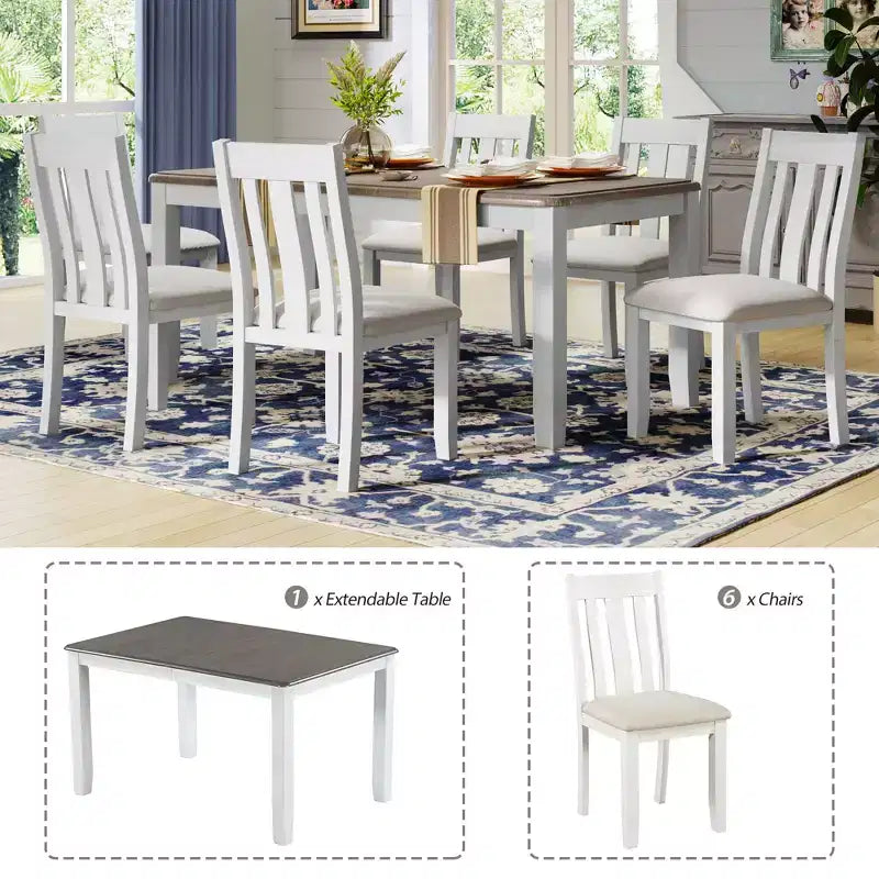 Ensemble de table à manger extensible de style champêtre pour 6 personnes, table rectangulaire et 6 chaises rembourrées