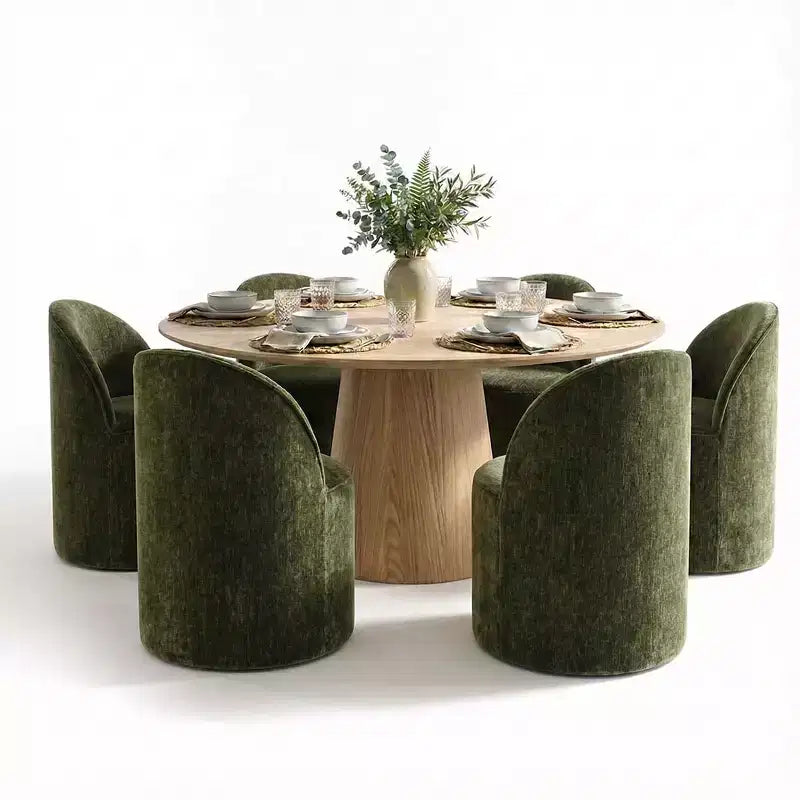 Ensemble de table à manger moderne pour 6 personnes, table ronde à piètement central, fauteuils tonneau pivotants à roulettes, chenille texturée - Panipeachy