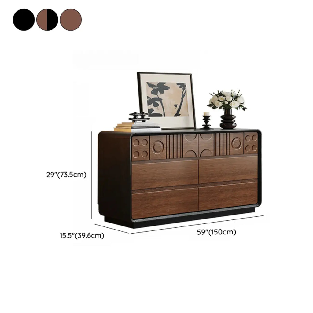 Commode en bois inspirée de l’Art déco avec motifs géométriques sculptés