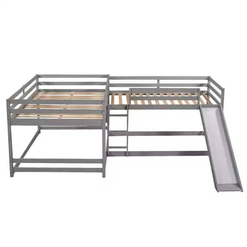 Lit superposé en L pour 4 enfants, lit superposé quadruple avec toboggan, structure en bois avec couchage double et simple pour chambre ou dortoir