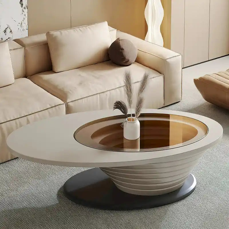 Tavolino da salotto ovale moderno e minimalista di lusso leggero con piano in vetro e base grigia, 51 pollici - L 51.18'W 25.59'H 14.37'