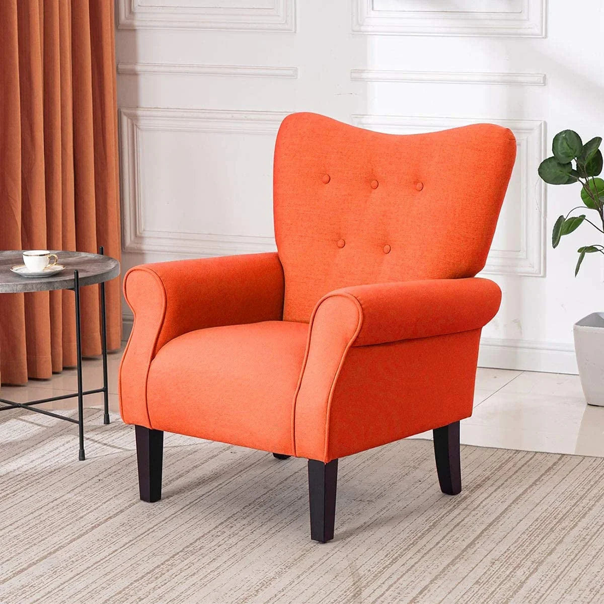 Fauteuil d’appoint moderne Erommy, fauteuil à dossier haut, canapé une place en tissu rembourré avec boutons et pieds en bois pour le salon