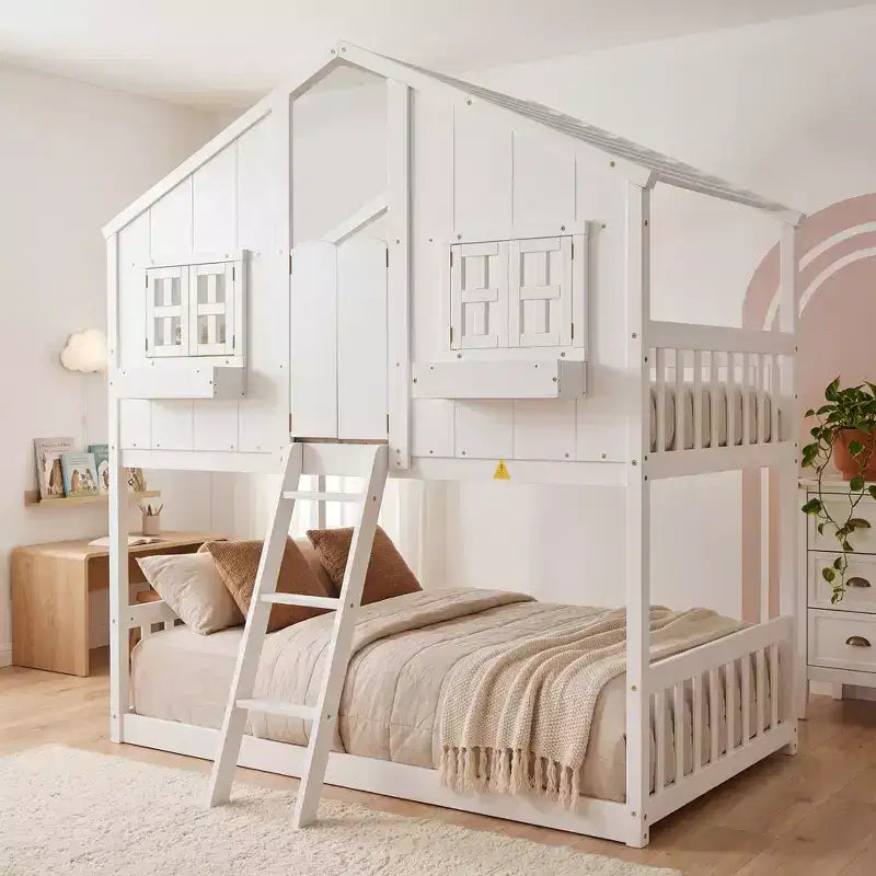 Letto a soppalco matrimoniale singolo a forma di casetta, letto rialzato in legno tipo casetta con scaletta e sponde di sicurezza per bambini