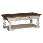 Table basse Morgan Creek blanc antique avec accents brossés couleur tabac