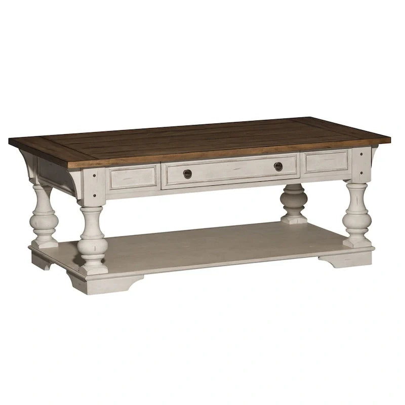 Table basse Morgan Creek blanc antique avec accents brossés couleur tabac
