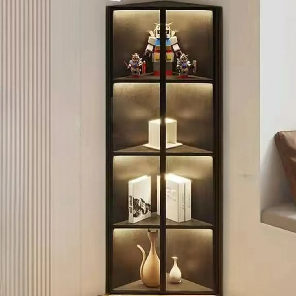 Mobile angolare moderno da esposizione in metallo e legno grigio con anta in vetro