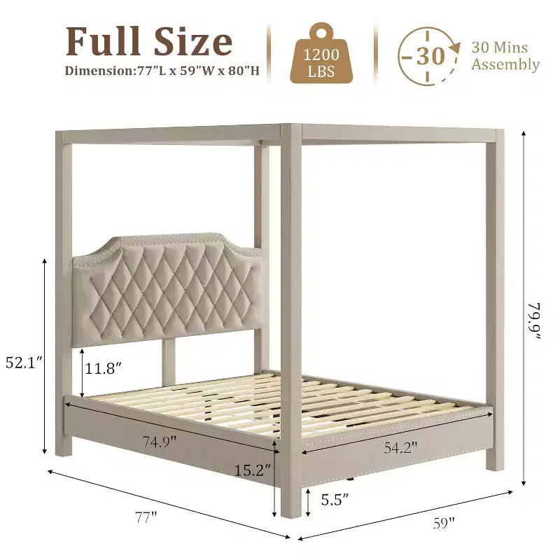 Cadre de lit à baldaquin Queen Size avec poteaux et supports d’angle à 4 coins, lattes en bois massif, sans sommier requis, silencieux