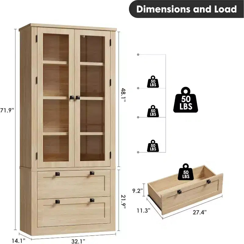 Dispensa da cucina in stile rustico con ante in vetro, mobile contenitore da 72 pollici con cassetti e ripiani regolabili per sala da pranzo, bagno e soggiorno