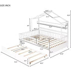 Struttura letto a casetta Acekool matrimoniale con letto estraibile singolo, cassetti contenitore e ripiani, tetto e recinzione, letto a piattaforma per bambini, bianco
